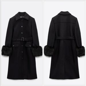 ZARA: 75% Wool Black Trench Coat with Fur CUFFS